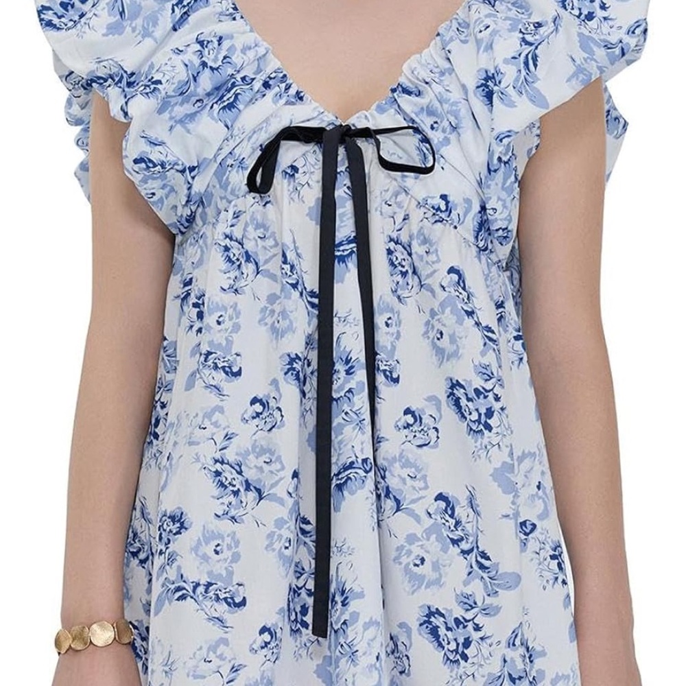 Blue and White Sleeveless Ruffled Dress with Tie Front